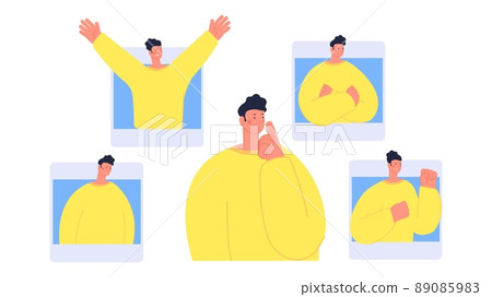 Man choose mood. Diverse moods of human, identity disorder. Thoughtful, happy, angry and sad boy vector character Man choose mood. Diverse moods of human, identity disorder. Thoughtful, happy, angry and sad boy vector character 89085983