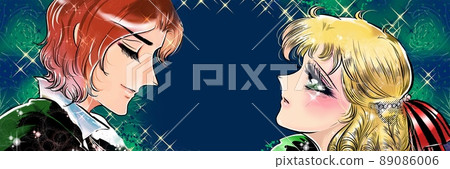 70's shojo manga Illustration of a blonde vertical roll princess staring at a handsome prince and a rose background 89086006