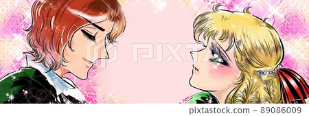 70's shojo manga Illustration of a blonde vertical roll princess staring at a handsome prince and a rose background 70's shojo manga Illustration of a blonde vertical roll princess staring at a handsome prince and a rose background 89086009