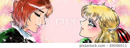 70's shojo manga Illustration of a blonde vertical roll princess staring at a handsome prince and a rose background 70's shojo manga Illustration of a blonde vertical roll princess staring at a handsome prince and a rose background 89086011