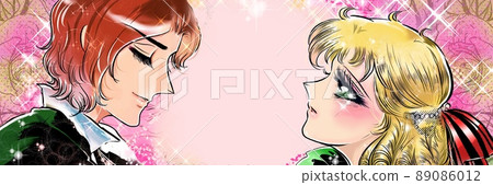70's shojo manga Illustration of a blonde vertical roll princess staring at a handsome prince and a rose background 70's shojo manga Illustration of a blonde vertical roll princess staring at a handsome prince and a rose background 89086012