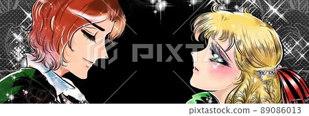 70's shojo manga Illustration of a blonde vertical roll princess staring at a handsome prince and a rose background 70's shojo manga Illustration of a blonde vertical roll princess staring at a handsome prince and a rose background 89086013