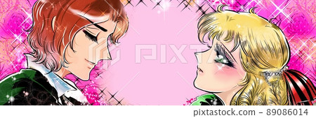 70's shojo manga Illustration of a blonde vertical roll princess staring at a handsome prince and a rose background 70's shojo manga Illustration of a blonde vertical roll princess staring at a handsome prince and a rose background 89086014