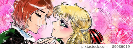 70's shojo manga Illustration of a blonde vertical roll princess staring at a handsome prince and a rose background 89086019
