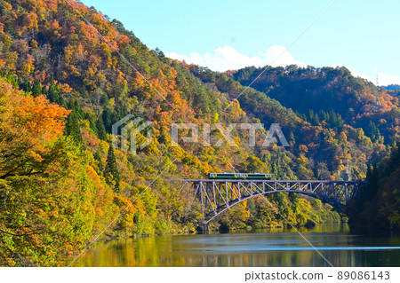JR East Tadami Line Superb View First Tadami River Bridge Autumn Autumn Leaves & Sunny 89086143
