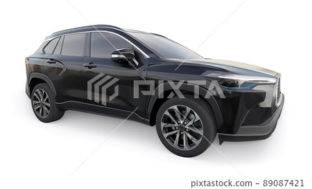 Compact black SUV with a hybrid engine and four-wheel drive for the city and suburban areas on a white isolated background. 3d illustration. 89087421