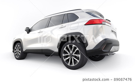 Compact white SUV with a hybrid engine and four-wheel drive for the city and suburban areas on a white isolated background. 3d illustration. Compact white SUV with a hybrid engine and four-wheel drive for the city and suburban areas on a white isolated background. 3d illustration. 89087476
