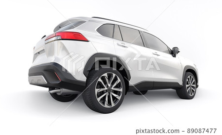 Compact white SUV with a hybrid engine and four-wheel drive for the city and suburban areas on a white isolated background. 3d illustration. Compact white SUV with a hybrid engine and four-wheel drive for the city and suburban areas on a white isolated background. 3d illustration. 89087477