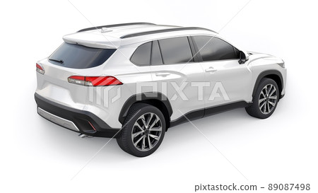 Compact white SUV with a hybrid engine and four-wheel drive for the city and suburban areas on a white isolated background. 3d illustration. Compact white SUV with a hybrid engine and four-wheel drive for the city and suburban areas on a white isolated background. 3d illustration. 89087498