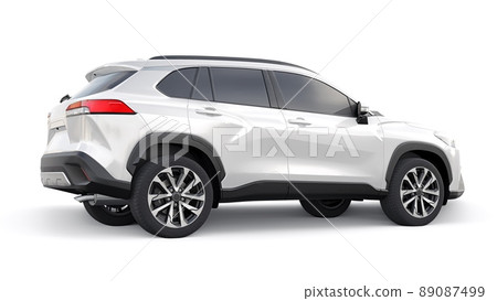 Compact white SUV with a hybrid engine and four-wheel drive for the city and suburban areas on a white isolated background. 3d illustration. Compact white SUV with a hybrid engine and four-wheel drive for the city and suburban areas on a white isolated background. 3d illustration. 89087499