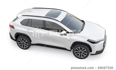 Compact white SUV with a hybrid engine and four-wheel drive for the city and suburban areas on a white isolated background. 3d illustration. Compact white SUV with a hybrid engine and four-wheel drive for the city and suburban areas on a white isolated background. 3d illustration. 89087500