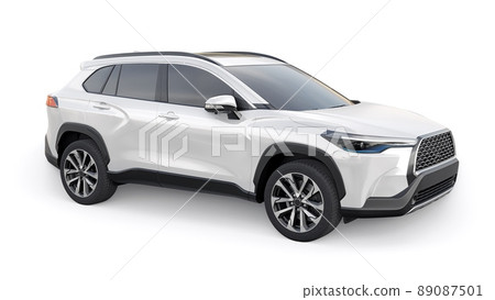Compact white SUV with a hybrid engine and four-wheel drive for the city and suburban areas on a white isolated background. 3d illustration. Compact white SUV with a hybrid engine and four-wheel drive for the city and suburban areas on a white isolated background. 3d illustration. 89087501