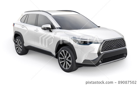Compact white SUV with a hybrid engine and four-wheel drive for the city and suburban areas on a white isolated background. 3d illustration. 89087502