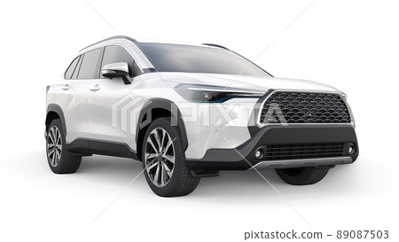 Compact white SUV with a hybrid engine and four-wheel drive for the city and suburban areas on a white isolated background. 3d illustration. Compact white SUV with a hybrid engine and four-wheel drive for the city and suburban areas on a white isolated background. 3d illustration. 89087503