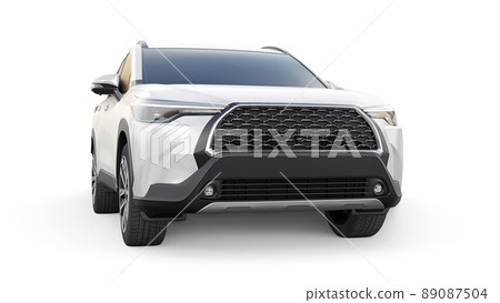 Compact white SUV with a hybrid engine and four-wheel drive for the city and suburban areas on a white isolated background. 3d illustration. Compact white SUV with a hybrid engine and four-wheel drive for the city and suburban areas on a white isolated background. 3d illustration. 89087504