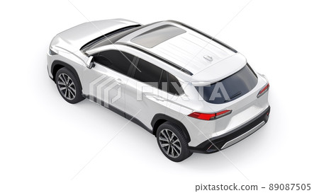 Compact white SUV with a hybrid engine and four-wheel drive for the city and suburban areas on a white isolated background. 3d illustration. 89087505