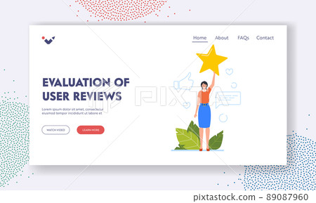Evaluation of User Reviews Landing Page Template. Woman Customer with Gold Star in Hand. Rating, Feedback, Choice Evaluation of User Reviews Landing Page Template. Woman Customer with Gold Star in Hand. Rating, Feedback, Choice 89087960