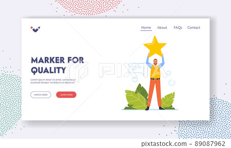 Marker for Quality Landing Page Template. Ranking Evaluation and Classification. Tiny Client Male Character Holding Star 89087962