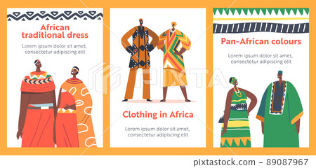 African People Pairs in Traditional Clothes Banners, Male or Female Characters in Colorful National Pan-African Costumes 89087967