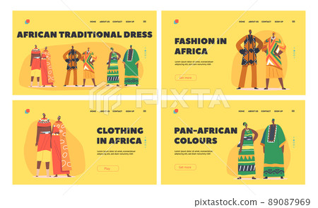 African People Pairs in Traditional Clothes Landing Page Template Set. Male and Female Characters in Colorful Costumes 89087969