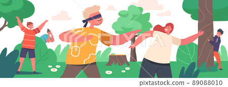 Children Playing Hide and Seek in Park or Forest, Happy Kids and Mother Characters Summer Fun and Recreation on Nature Children Playing Hide and Seek in Park or Forest, Happy Kids and Mother Characters Summer Fun and Recreation on Nature 89088010
