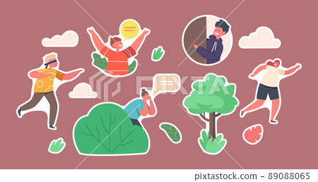 Set of Stickers Children Playing Hide and Seek in Park or Forest, Kids and Mother Characters Summer Fun and Recreation Set of Stickers Children Playing Hide and Seek in Park or Forest, Kids and Mother Characters Summer Fun and Recreation 89088065