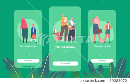 Your Experience Mobile App Page Onboard Screen Template. Grandmother with Little School Girl, Mom with Baby and Toddler Your Experience Mobile App Page Onboard Screen Template. Grandmother with Little School Girl, Mom with Baby and Toddler 89088070