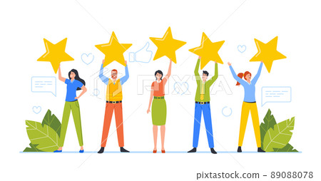 Tiny Male and Female Clients Characters Holding Huge Stars, Rating, Consumer Feedback or Customer Review Evaluation 89088078