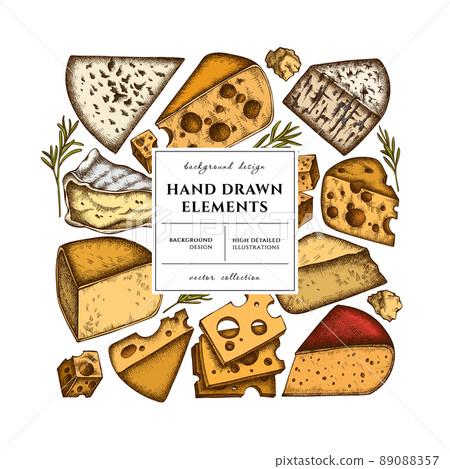 Cheese square card or invitation design. Frame design with brie, gouda cheese, roquefort, etc. 89088357