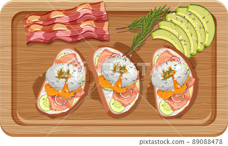 Top view food, egg benedict on wood plate on white background Top view food, egg benedict on wood plate on white background 89088478