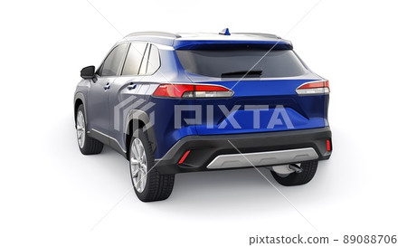 Compact dark blue SUV with a hybrid engine and four-wheel drive for the city and suburban areas on a white isolated background. 3d illustration. Compact dark blue SUV with a hybrid engine and four-wheel drive for the city and suburban areas on a white isolated background. 3d illustration. 89088706