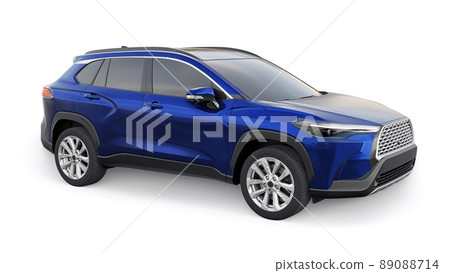 Compact dark blue SUV with a hybrid engine and four-wheel drive for the city and suburban areas on a white isolated background. 3d illustration. Compact dark blue SUV with a hybrid engine and four-wheel drive for the city and suburban areas on a white isolated background. 3d illustration. 89088714