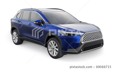 Compact dark blue SUV with a hybrid engine and four-wheel drive for the city and suburban areas on a white isolated background. 3d illustration. Compact dark blue SUV with a hybrid engine and four-wheel drive for the city and suburban areas on a white isolated background. 3d illustration. 89088715