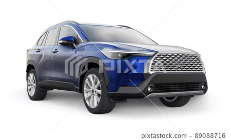 Compact dark blue SUV with a hybrid engine and four-wheel drive for the city and suburban areas on a white isolated background. 3d illustration. Compact dark blue SUV with a hybrid engine and four-wheel drive for the city and suburban areas on a white isolated background. 3d illustration. 89088716