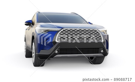 Compact dark blue SUV with a hybrid engine and four-wheel drive for the city and suburban areas on a white isolated background. 3d illustration. Compact dark blue SUV with a hybrid engine and four-wheel drive for the city and suburban areas on a white isolated background. 3d illustration. 89088717