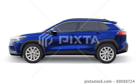 Compact dark blue SUV with a hybrid engine and four-wheel drive for the city and suburban areas on a white isolated background. 3d illustration. 89088724