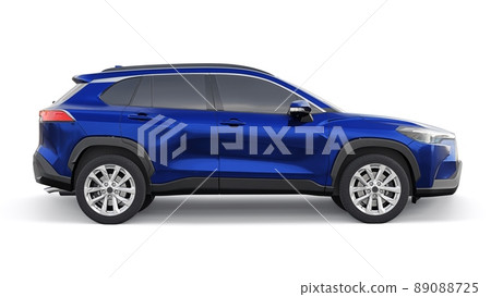 Compact dark blue SUV with a hybrid engine and four-wheel drive for the city and suburban areas on a white isolated background. 3d illustration. Compact dark blue SUV with a hybrid engine and four-wheel drive for the city and suburban areas on a white isolated background. 3d illustration. 89088725