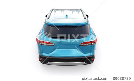 Compact blue SUV with a hybrid engine and four-wheel drive for the city and suburban areas on a white isolated background. 3d illustration. Compact blue SUV with a hybrid engine and four-wheel drive for the city and suburban areas on a white isolated background. 3d illustration. 89088729