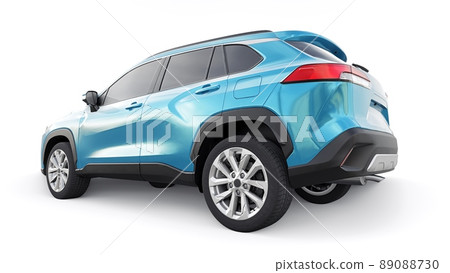 Compact blue SUV with a hybrid engine and four-wheel drive for the city and suburban areas on a white isolated background. 3d illustration. Compact blue SUV with a hybrid engine and four-wheel drive for the city and suburban areas on a white isolated background. 3d illustration. 89088730