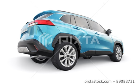 Compact blue SUV with a hybrid engine and four-wheel drive for the city and suburban areas on a white isolated background. 3d illustration. 89088731