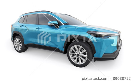 Compact blue SUV with a hybrid engine and four-wheel drive for the city and suburban areas on a white isolated background. 3d illustration. 89088732