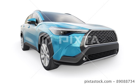 Compact blue SUV with a hybrid engine and four-wheel drive for the city and suburban areas on a white isolated background. 3d illustration. Compact blue SUV with a hybrid engine and four-wheel drive for the city and suburban areas on a white isolated background. 3d illustration. 89088734