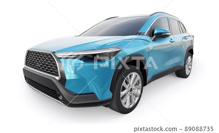 Compact blue SUV with a hybrid engine and four-wheel drive for the city and suburban areas on a white isolated background. 3d illustration. Compact blue SUV with a hybrid engine and four-wheel drive for the city and suburban areas on a white isolated background. 3d illustration. 89088735
