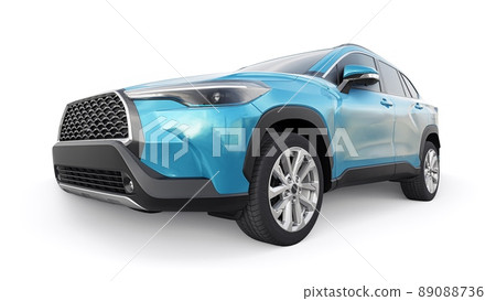 Compact blue SUV with a hybrid engine and four-wheel drive for the city and suburban areas on a white isolated background. 3d illustration. 89088736