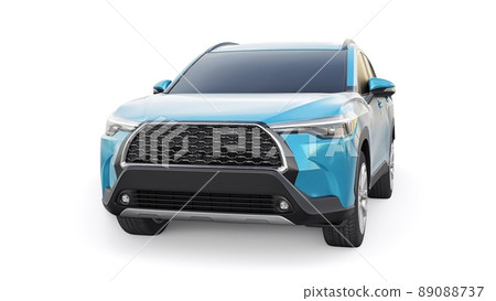 Compact blue SUV with a hybrid engine and four-wheel drive for the city and suburban areas on a white isolated background. 3d illustration. Compact blue SUV with a hybrid engine and four-wheel drive for the city and suburban areas on a white isolated background. 3d illustration. 89088737