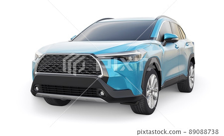 Compact blue SUV with a hybrid engine and four-wheel drive for the city and suburban areas on a white isolated background. 3d illustration. Compact blue SUV with a hybrid engine and four-wheel drive for the city and suburban areas on a white isolated background. 3d illustration. 89088738