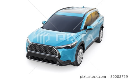 Compact blue SUV with a hybrid engine and four-wheel drive for the city and suburban areas on a white isolated background. 3d illustration. Compact blue SUV with a hybrid engine and four-wheel drive for the city and suburban areas on a white isolated background. 3d illustration. 89088739