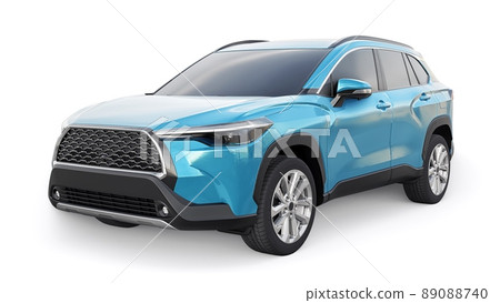 Compact blue SUV with a hybrid engine and four-wheel drive for the city and suburban areas on a white isolated background. 3d illustration. Compact blue SUV with a hybrid engine and four-wheel drive for the city and suburban areas on a white isolated background. 3d illustration. 89088740
