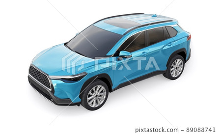 Compact blue SUV with a hybrid engine and four-wheel drive for the city and suburban areas on a white isolated background. 3d illustration. 89088741