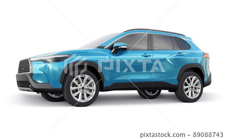 Compact blue SUV with a hybrid engine and four-wheel drive for the city and suburban areas on a white isolated background. 3d illustration. Compact blue SUV with a hybrid engine and four-wheel drive for the city and suburban areas on a white isolated background. 3d illustration. 89088743